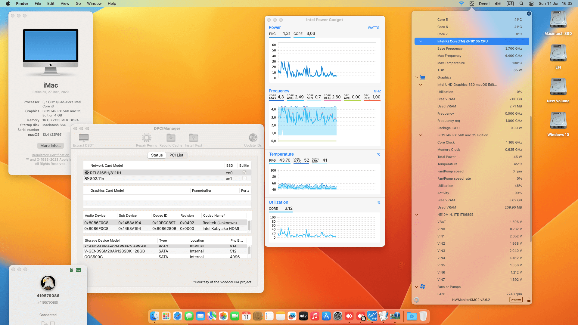 Success Hackintosh macOS Ventura 13.4 Build 22F66 in Gigabyte H510M H + Intel Core i3 10105 + Biostar RX 560